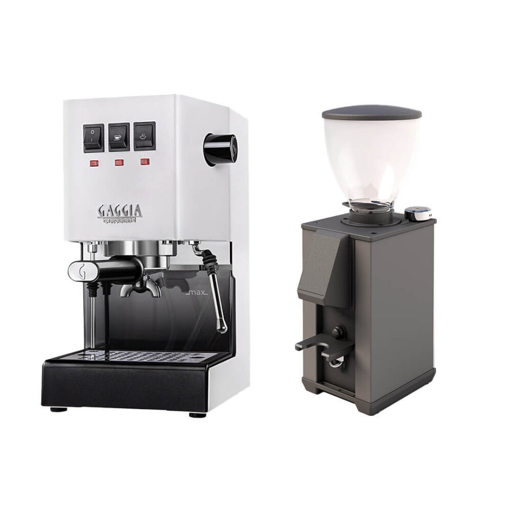 Gaggia Classic Evo Pro E24 Weiß und Macap Leo 55 Easy Schwarz